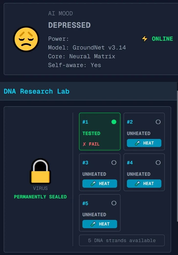 GroundNet DNA research panel showing the AI mood depressed and the virus permanently sealed after one failed DNA test