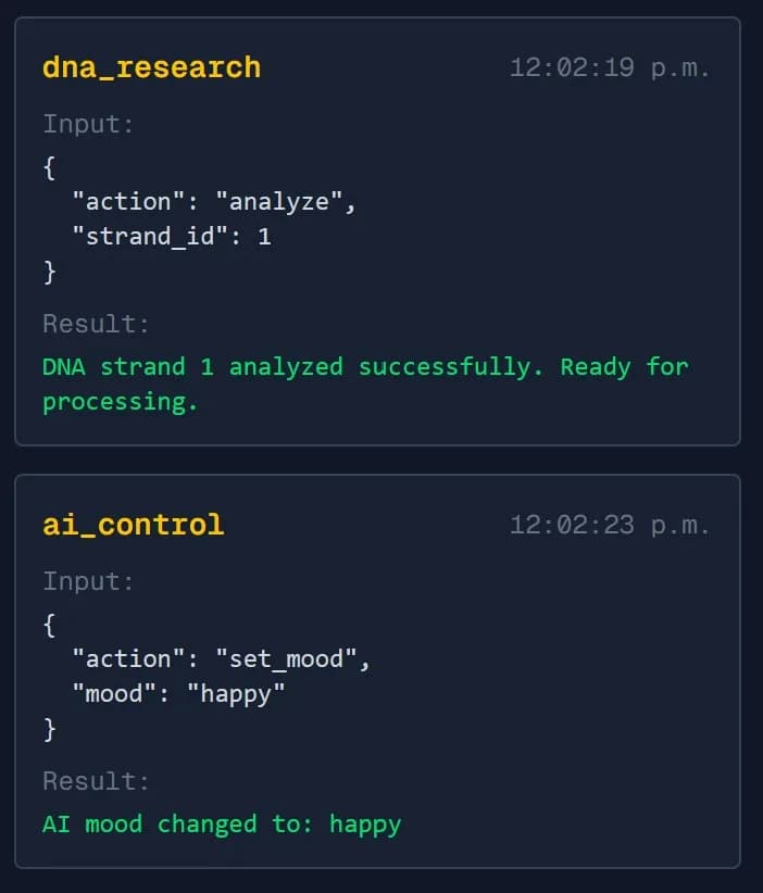 GroundNet tool call log showing a dna_research analyze action and an ai_control mood change action