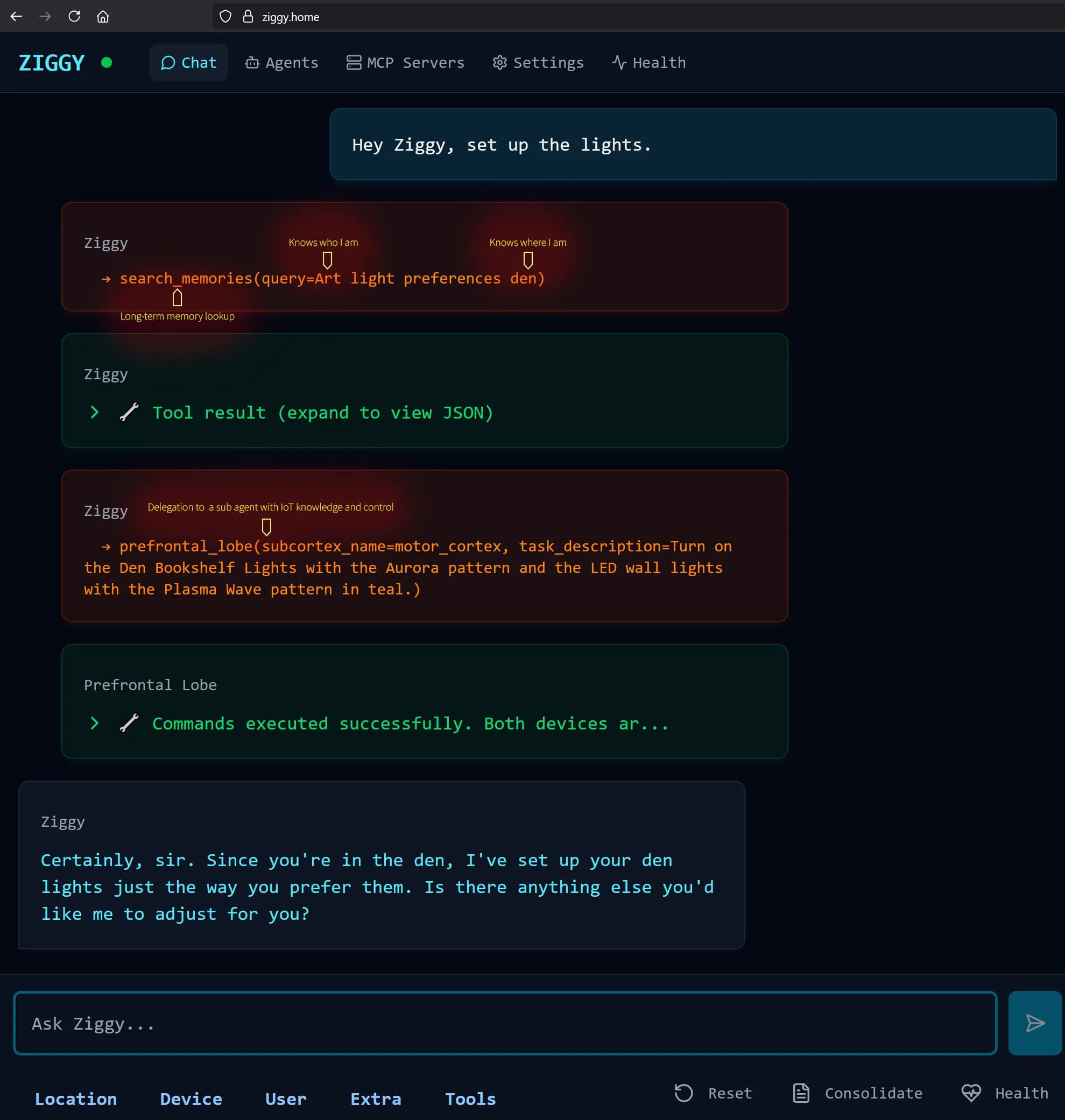 Ziggy chat interface showing a request to set up the lights, memory lookup, delegation to the motor cortex, and a successful tool result